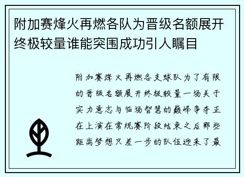 附加赛烽火再燃各队为晋级名额展开终极较量谁能突围成功引人瞩目